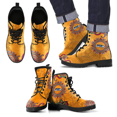 Golden Peace Hand Crafted Logo Seattle Seahawks Leather Boots