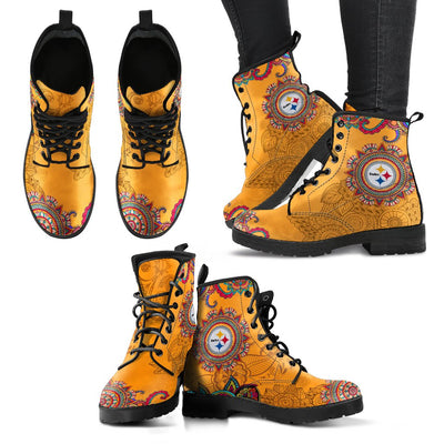 Golden Peace Hand Crafted Logo Pittsburgh Steelers Leather Boots