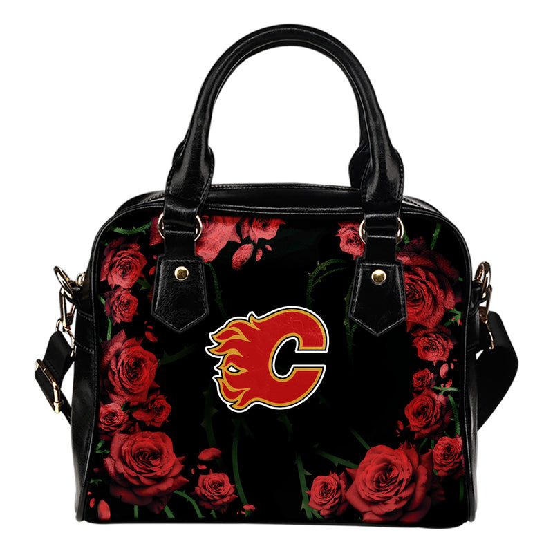 Valentine Rose With Thorns Calgary Flames Shoulder Handbags