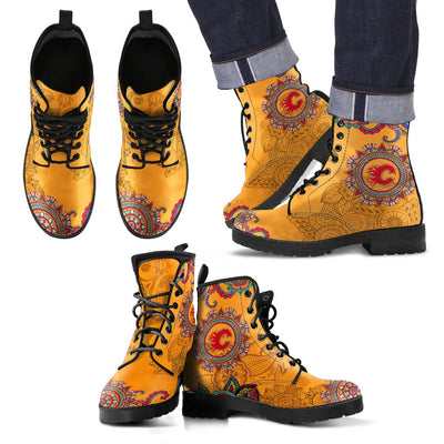 Golden Peace Hand Crafted Logo Calgary Flames Leather Boots