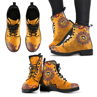 Golden Peace Hand Crafted Logo Pittsburgh Penguins Leather Boots