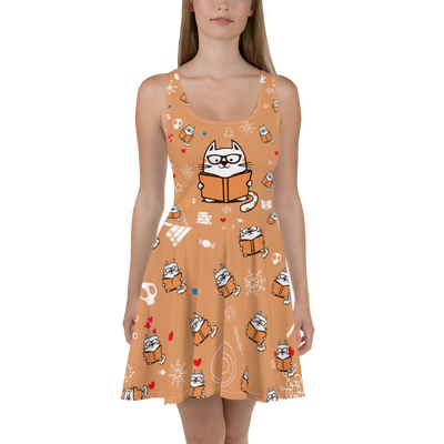 Cat And Book All Over Printed Skater Dresses