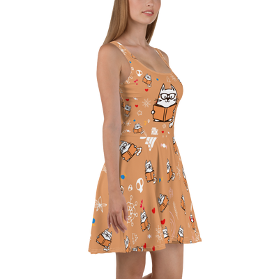 Cat And Book All Over Printed Skater Dresses